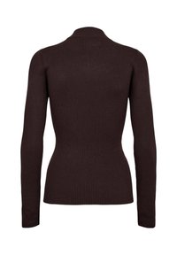 Pull en tricot côtelé marron foncé à manches longues, taille ajustée et petit col montant, présenté de dos sur fond blanc.