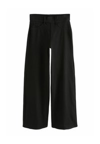 Pantalons larges noirs en tissu texturé, avec une taille ajustée, des passants de ceinture et des poches avant.