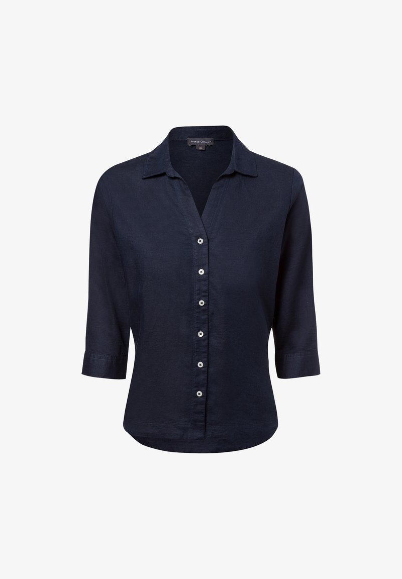 Navy blue linen shirt with a collar, 3/4 sleeves, and button front. Features light-colored buttons and a straight hem. Soft texture.
