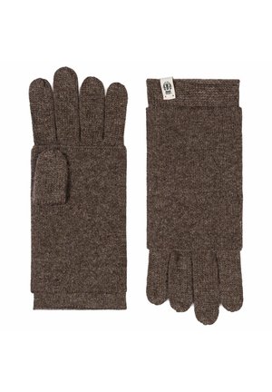 Brown knitted convertible gloves with a flap that can cover or expose fingers, one glove facing palm up and the other palm down.