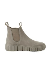 Bottines Chelsea en cuir gris clair avec des panneaux élastiques sur les côtés, des languettes de tirage et une semelle en caoutchouc texturée comportant des rainures horizontales.