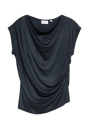 Black short-sleeve draped top with a boat neckline and gathered detail on the right side, size small, labeled Comma brand.