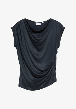 Black short-sleeve draped top with a boat neckline and gathered detail on the right side, size small, labeled Comma brand.
