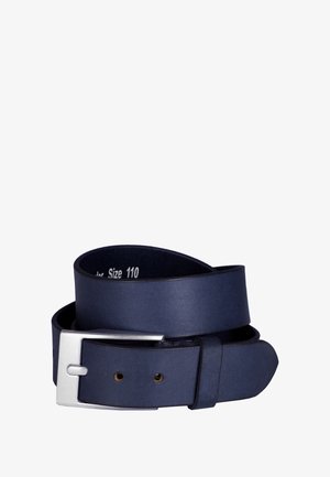 Marine leren riem met een zilveren metalen gesp, maat 110, met een gladde textuur en meerdere gaatjes voor aanpassing.