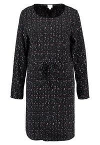 Musta pitkähiha dressi, jossa on vaaleanpunaisia ja valkoisia pilkkuja, pyöreä pääntie ja säädettävä vyötärönauha.