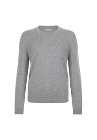 Hellgrauer, langärmeliger Rundhals-Pullover aus Kaschmir mit gerippten Bündchen und Saum sowie strukturloser Stricktextur.