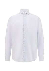 Camisa de manga larga a rayas en azul claro y blanco, de tela de algodón, con botón en el frente, cuello clásico, dobladillo recto y puños redondeados.