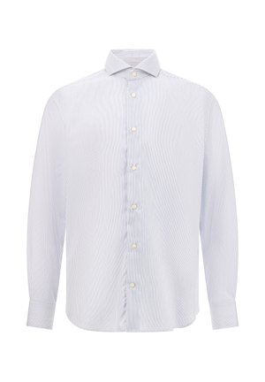 Camicia a maniche lunghe a righe blu chiaro e bianche, in tessuto di cotone, con chiusura a bottoni, colletto classico, orlo dritto, polsini arrotondati.