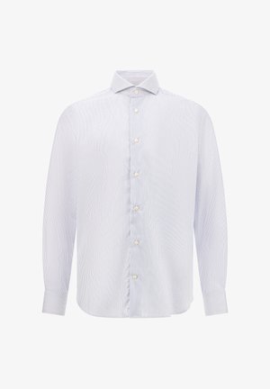 Svjetloplava i bijela prugasta košulja dugih rukava, od pamučne tkanine, s dugim gumbićima sprijeda, klasičnim ovratnikom, ravnim rubom i zaobljenim manžetama.