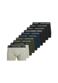 Ensemble de dix boxers de différentes couleurs, y compris gris, vert foncé, bleu marine et noir. Chacun présente une ceinture noire avec le logo "JACK & JONES".