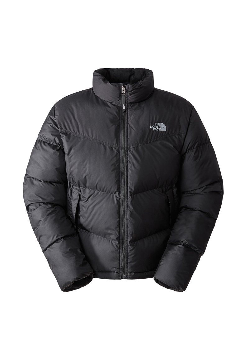 Giacca a vento nera con chiusura a zip, colletto alto e polsini a coste. Presenta una texture trapuntata e un logo sul lato sinistro del petto.