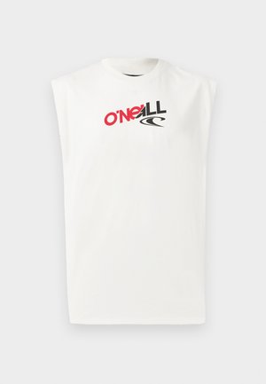 T-shirt blanc sans manches avec logo O'Neill rouge et noir et motif de vague sur la poitrine, col rond, fond uni.
