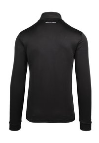 Zwarte langwerpige polo met lange mouwen en hoge kraag, gemaakt van een gladde stof. Heeft een wit "GORILLA WEAR" logo op de achterkant. Geen patronen.