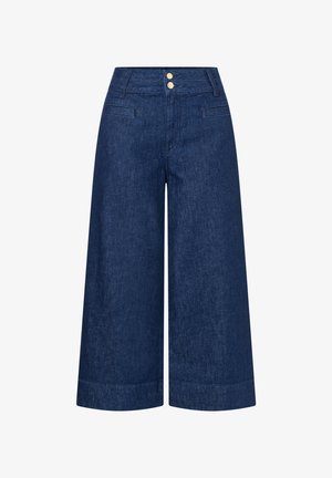 Weit geschnittene, gekürzte dunkelblaue Jeanshose mit zwei vorderen Taschen und doppelter goldener Knopfverschluss am Bund.