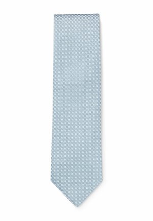 Lyseblåt silketørklæde med et tekstureret mønster af små, jævnt placerede firkantede former i et gitterlayout.