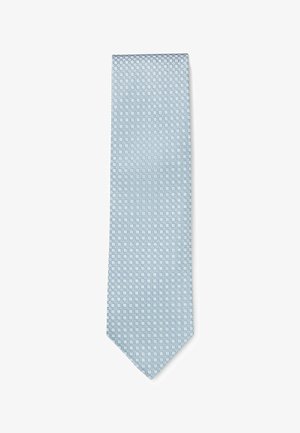 Cravatta di seta azzurro chiaro con un motivo a trama di piccoli quadrati uniformemente distanziati in un layout a griglia.
