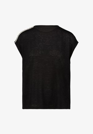 Schwarzes Kurzarm-T-Shirt mit lässiger Passform, rundem Hals und strukturiertem Stoff, akzentuiert mit einem dekorativen Streifen auf der Schulter.