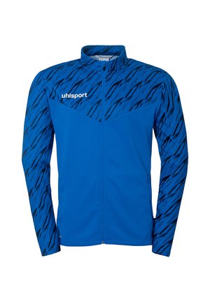 Blå atletisk jakke med et struktureret mønster i mørkere blå, fuld lynlås, opretstående krave og logo på venstre bryst.