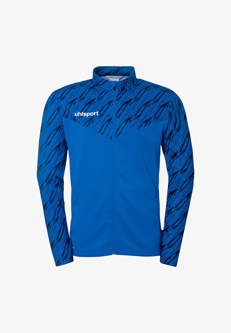 Blauwe sportjack met een gestructureerd patroon in donkerder blauw, volledige ritssluiting, staande kraag en logo op de linkerborst.