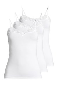Three white camisoles with lace trim at the neckline and adjustable spaghetti straps. Made of soft, stretchy fabric with a fitted shape.