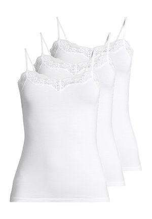 Three white camisoles with lace trim at the neckline and adjustable spaghetti straps. Made of soft, stretchy fabric with a fitted shape.