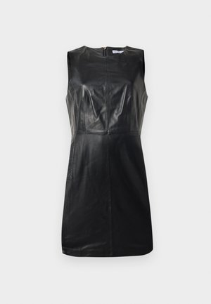 Sleeveless black leather dress with round neckline and front seam details, above-knee length, displayed on white background.