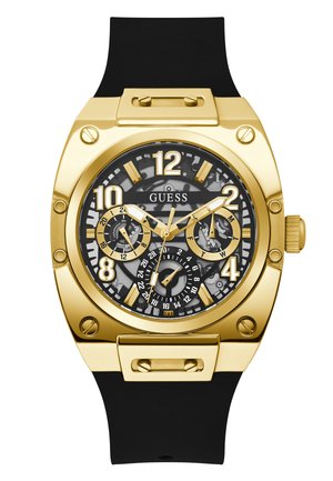 Gold-tone watch with a black rubber strap. Features a black, textured dial with gold accents and multiple sub-dials. Bold hour markers.