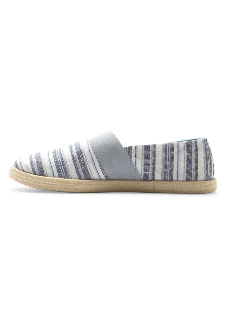 Pruhovaná plátenná slip-on obuv v modro-bielej farbe, s jutyovou podrážkou. Mäkka tkanina s elastickým pásikom cez vrch pre jednoduché obúvanie.