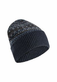 Strikket hue i mørkeblå med en tekstureret ribkant og en mønstret top med nuancer af blå, grå og brun.