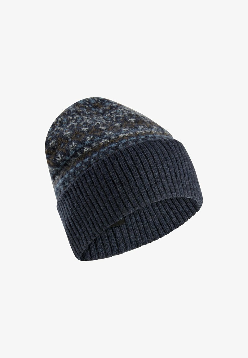 Knitted beanie in dark blue with a textured ribbed cuff and a patterned top featuring shades of blue, grey, and brown.