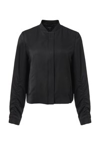 Zwarte bomberjack met een gladde textuur, cropped ontwerp, staande kraag, lange mouwen en twee zijzakken. Eenvoudige en elegante details.