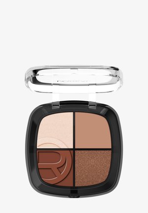 Palette de fards à paupières compacte avec quatre teintes : beige clair, brun mat, brun foncé avec logo embossé et bronze scintillant, dans un boîtier noir avec couvercle transparent.