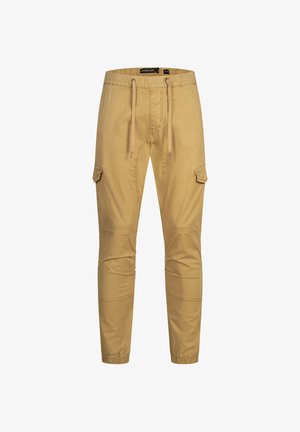 Kaki cargobroek met elastische tailleband, trekkoord, twee zijflapzakken, gestikte kniedetails en elastische enkelboorden.