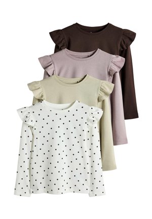 Vier langärmelige Kinderoberteile mit gerafften Schulterdetails in Weiß mit schwarzen Punkten, blassgrün, gedämpftem Lila und Dunkelbraun.