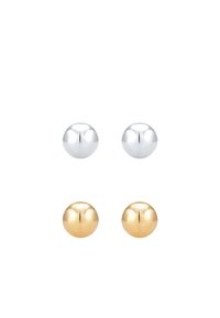 Conjunto de cuatro pomos redondos: dos plateados brillantes (arriba), dos dorados brillantes (abajo); superficie suave con un detalle de costura sutil.
