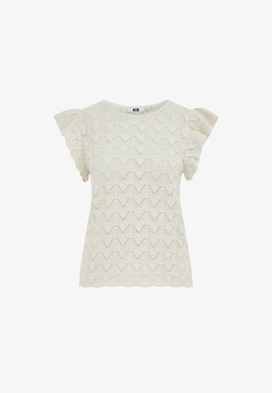 Blusa de punto de encaje crema con mangas cortas, mangas con volantes y dobladillo en forma de ondas, con un patrón geométrico en toda la prenda.