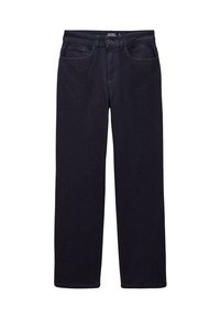 Jeans en denim bleu foncé avec une coupe droite, dotés d'un style classique à cinq poches et d'une fermeture éclair avec bouton.