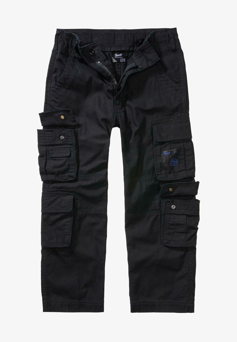 Pantalons cargo noirs avec plusieurs poches à rabat sur les jambes, fermeture éclair et bouton, et étiquette de marque à l'intérieur de la taille.