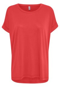 Top rosso a maniche corte con scollo rotondo, realizzato in un tessuto leggero e liscio. Presenta una vestibilità rilassata e cuciture laterali discrete.