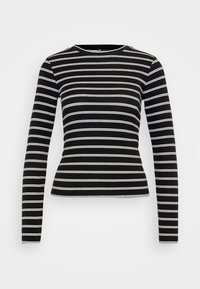 Svart långärmad tröja med vita horisontella ränder, med rund halsringning och figurnära design. Tyget verkar ruggat och strukturerat.