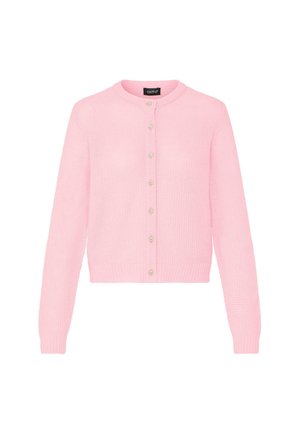 Cárdigan de punto rosa con cuello redondo, mangas largas y cierre frontal de botones que presenta botones decorativos y un dobladillo y puños acanalados.