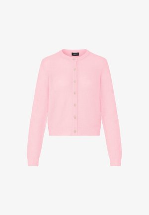 Roosa kudum kardoigan ümmarguse kaelusega, pikkade varrukatega ja nööpidega ees, millel on dekoratiivsed nööbid ning ribakujuga alumine äär ja varrukateotsad.