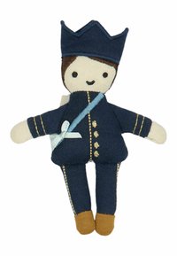 Toy soldier doll with a navy fabric body, cream face, and blue accents. Features a crown, buttons, and brown shoes.