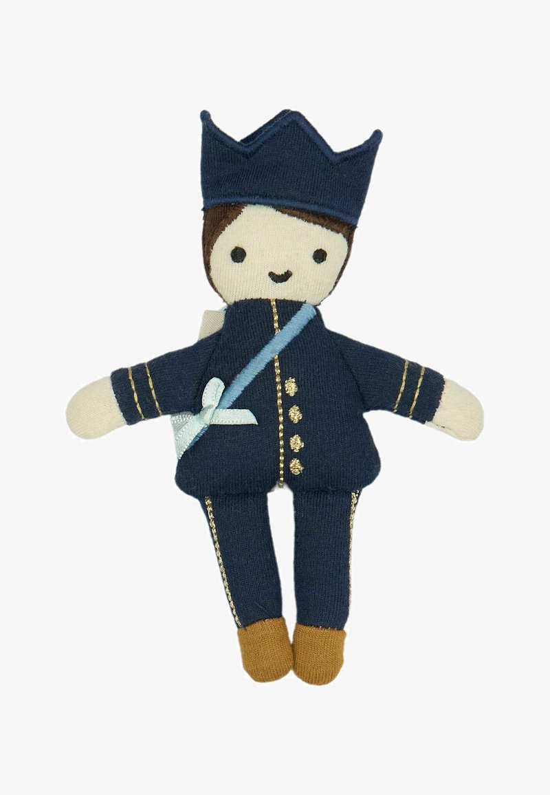 Bambola soldatino con corpo in tessuto blu navy, viso crema e dettagli blu. Presenta una corona, bottoni e scarpe marroni.