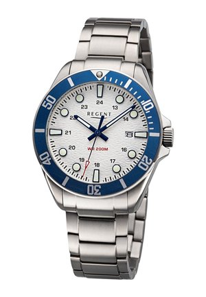 Montre en acier inoxydable argenté avec une lunette bleue, un cadran texturé blanc, des repères horaires luminescents et une fenêtre de date à 3 heures. Étanche jusqu'à 200m.
