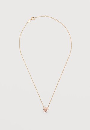 Jemný zlatý náhrdelník s malým príveskom v tvare ružovej hviezdy s detailom zlatej vločky snehu.