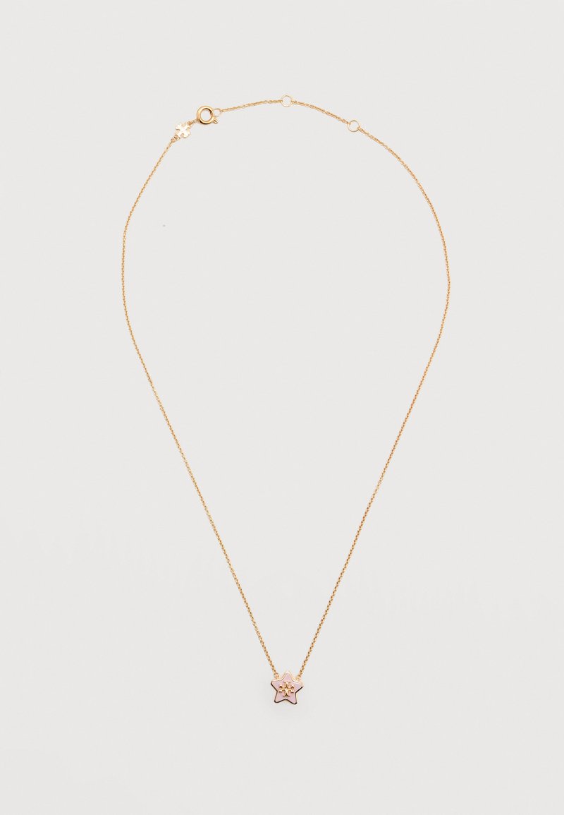Λεπτή χρυσή αλυσίδα κολιέ με μικρό ροζ μενταγιόν σε σχήμα αστεριού, που διαθέτει χρυσή λεπτομέρεια νιφάδας χιονιού.