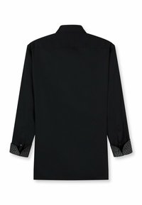 Zwarte langekous shirt met een klassieke kraag. De manchetten hebben een gemusterde accent. Makkelijke textuur, op maat gemaakte ontwerp, geen zichtbare merknaam.