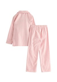 Lyserød ternet pyjamassæt med en langærmet skjorte med krave og matchende elastiske bukser. Lavet af blødt stof.