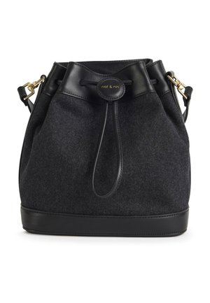 Bucket-Bag aus dunkelgrauem Filz mit schwarzen Lederakzenten, ausgestattet mit einem Zugverschluss und einem Logodetail in Gold. Goldfarbene Beschläge.